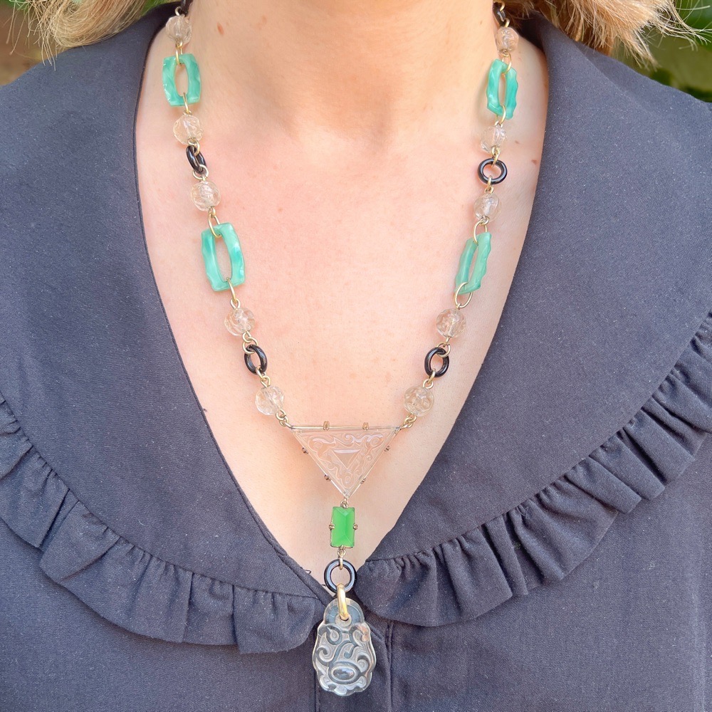 Art Deco 1920s Czechoslovakian Carved, Green and Black Glass Vintage Pendant Necklace